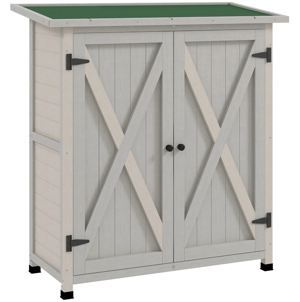 Armadio da giardino in legno 110 x 55 x 117 cm con 2 ante; 2 ripiani e vano aperto grigio chiaro