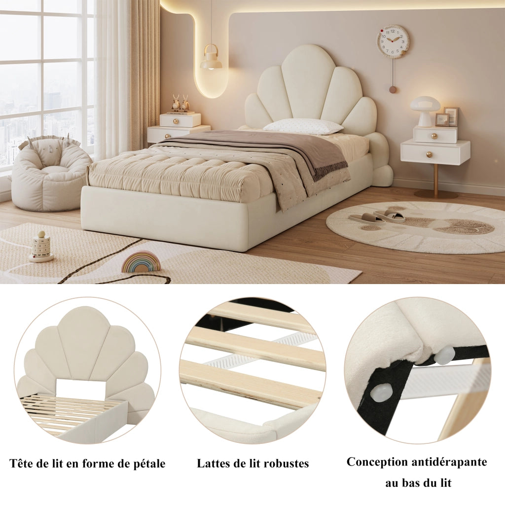 Letto singolo imbottito 90 ¡Á 200 cm con testiera a petali in velluto beige rete a doghe e tavolini laterali