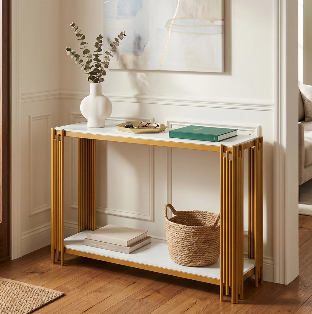 Tavolo consolle 123,5x33,5x80 cm bianco e oro, 2 ripiani, effetto marmo, MDF e metallo