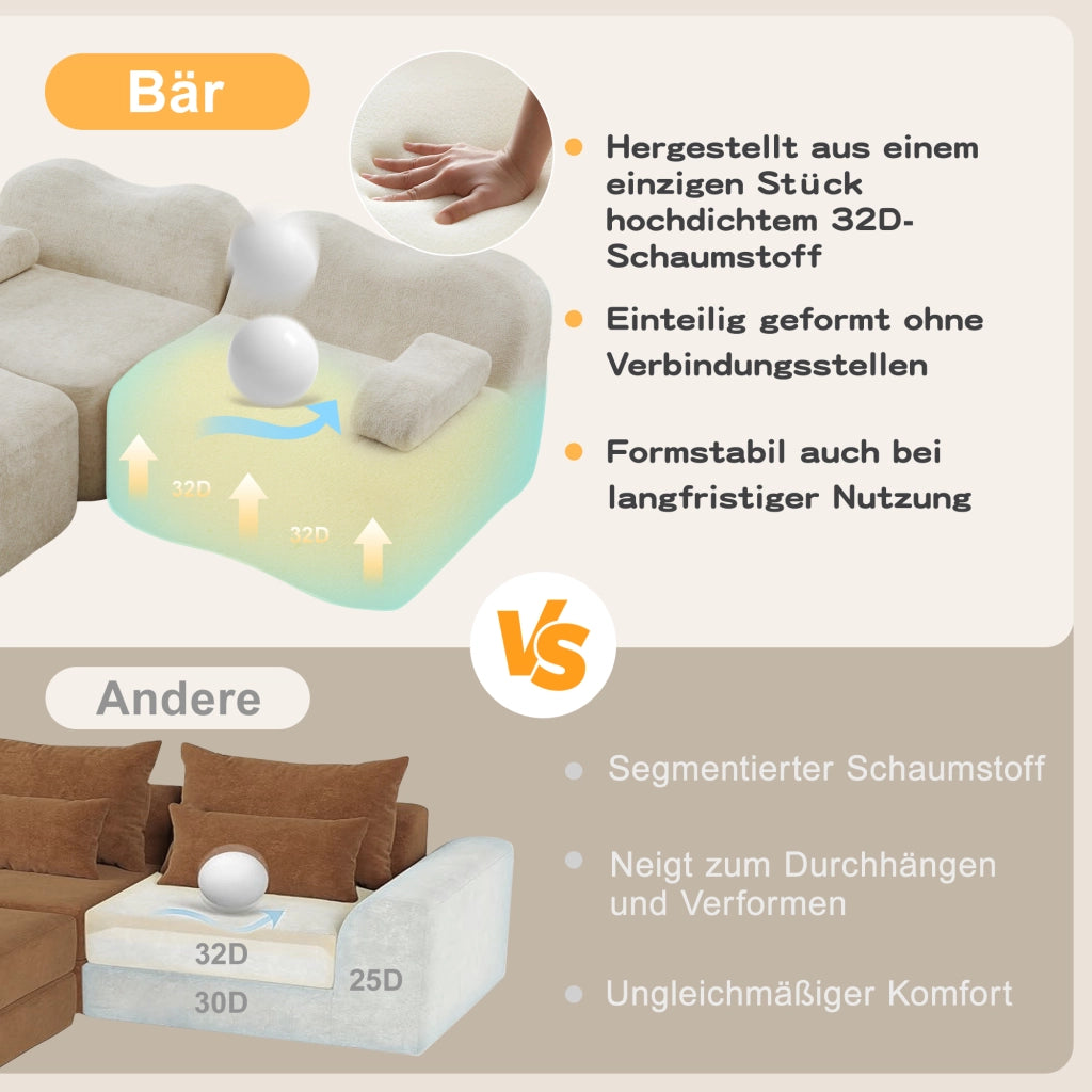 Divano panoramico modulare a 3 posti con 2 pouf in velluto beige configurabile a U o L con seduta profonda