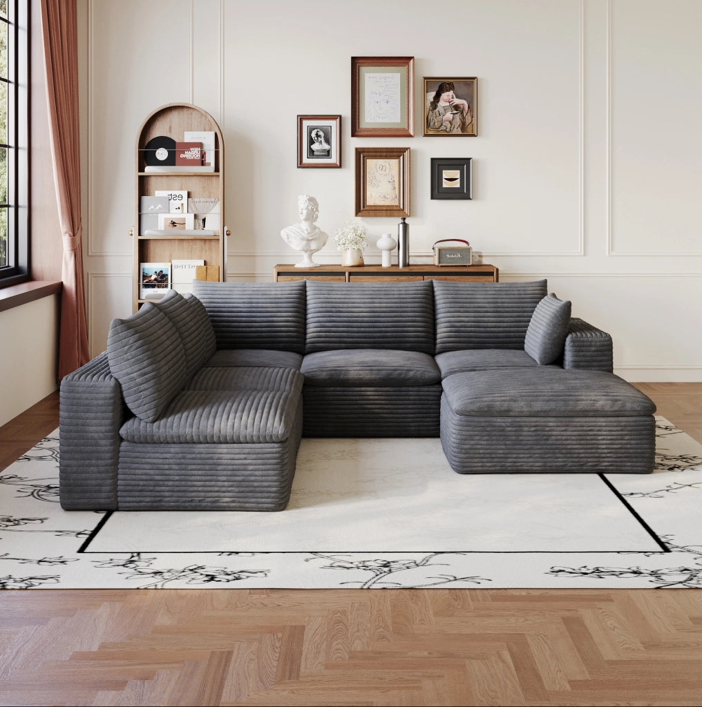 Divano modulare in tessuto di velluto a coste grigio scuro 260x250 cm con imbottitura rimovibile e design a doppio strato