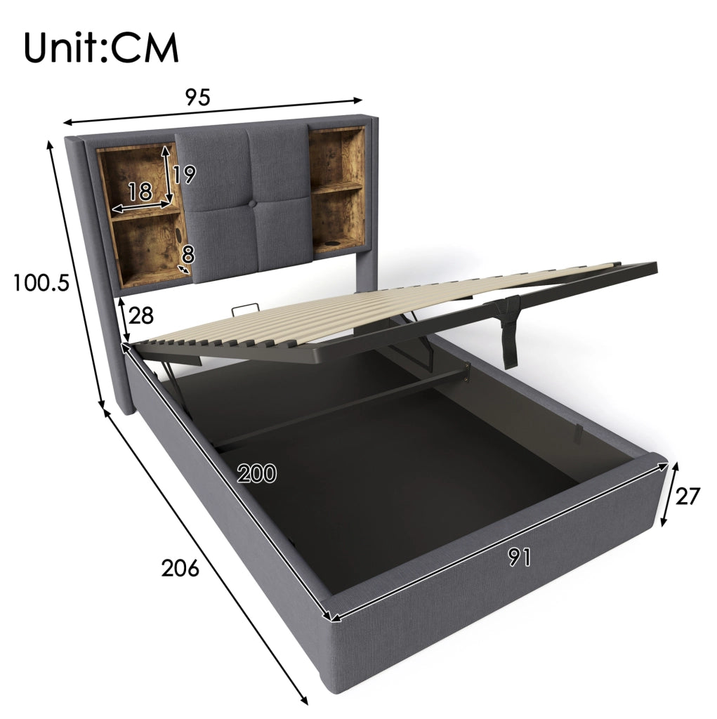 Letto singolo imbottito 90x200 cm grigio con ricarica wireless, USB e contenitore