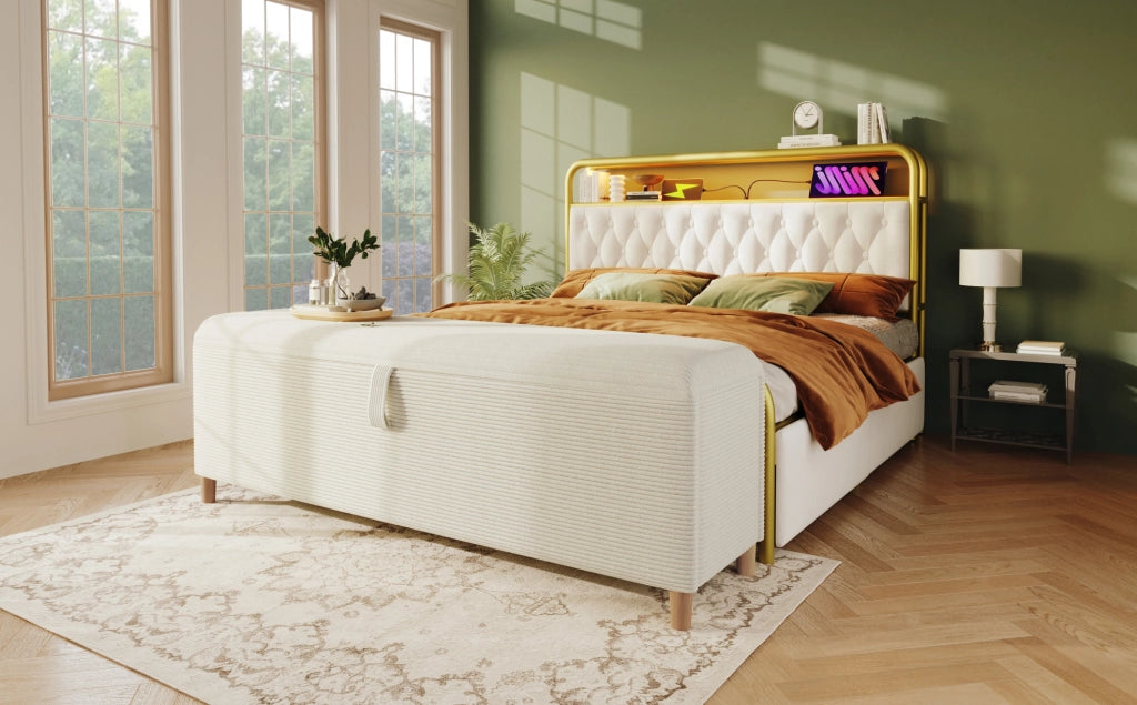 Panca contenitore 145x38 cm beige in tessuto a coste con apertura idraulica