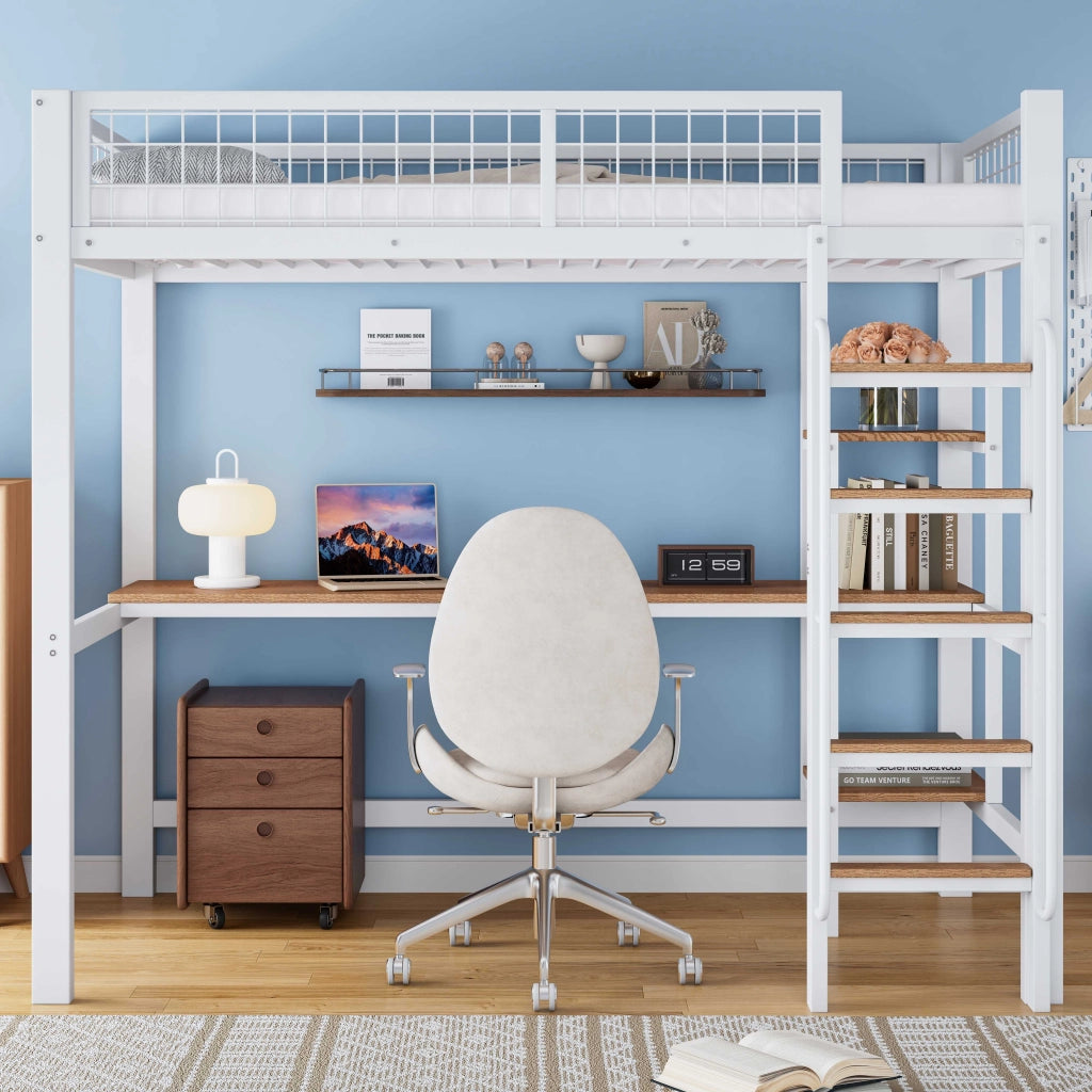 Letto a soppalco 90x200 cm bianco e naturale; metallo e MDF; scrivania; ripiani e scala a 5 gradini