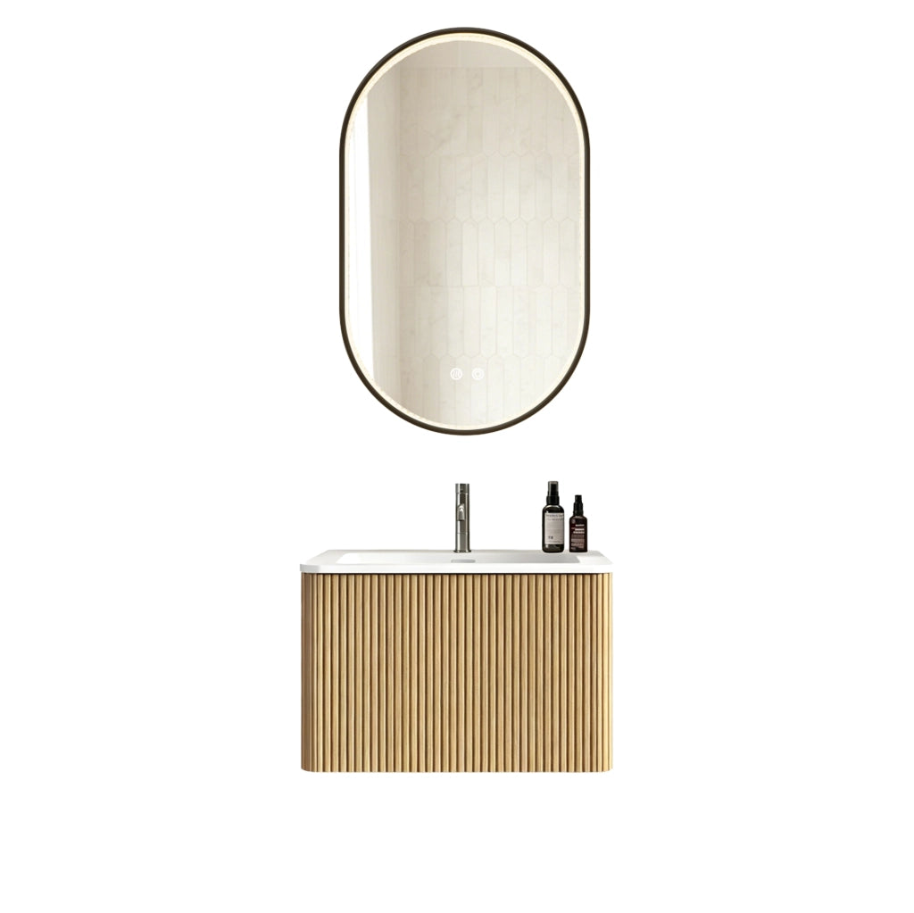 MOBILE BAGNO Sospeso con Specchio LED e Lavabo Integrato Rovere