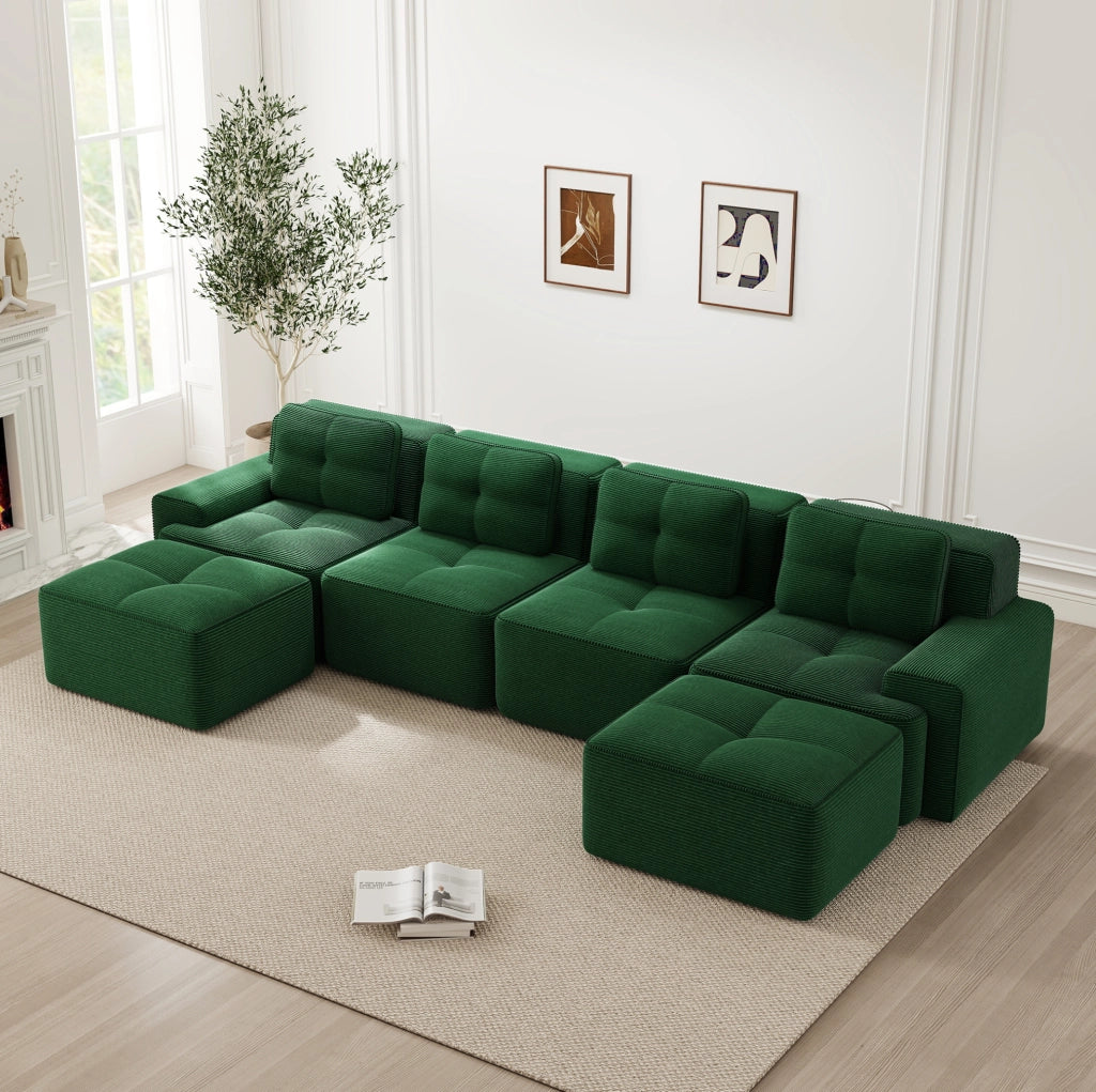 Divano modulare 4 posti senza braccioli in velluto a coste verde con chaise longue a U
