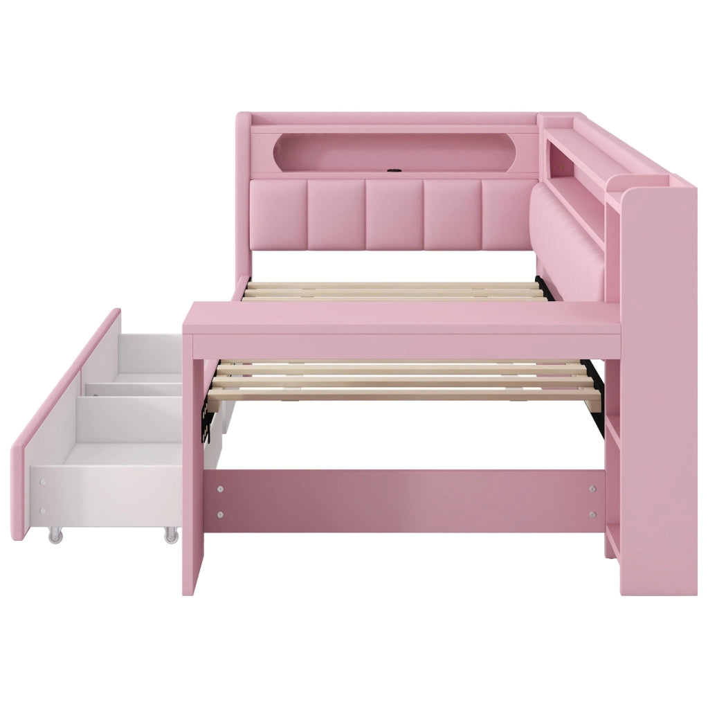 Daybed imbottito 90x200 con USB; LED; scrivania e 2 cassetti; rosa