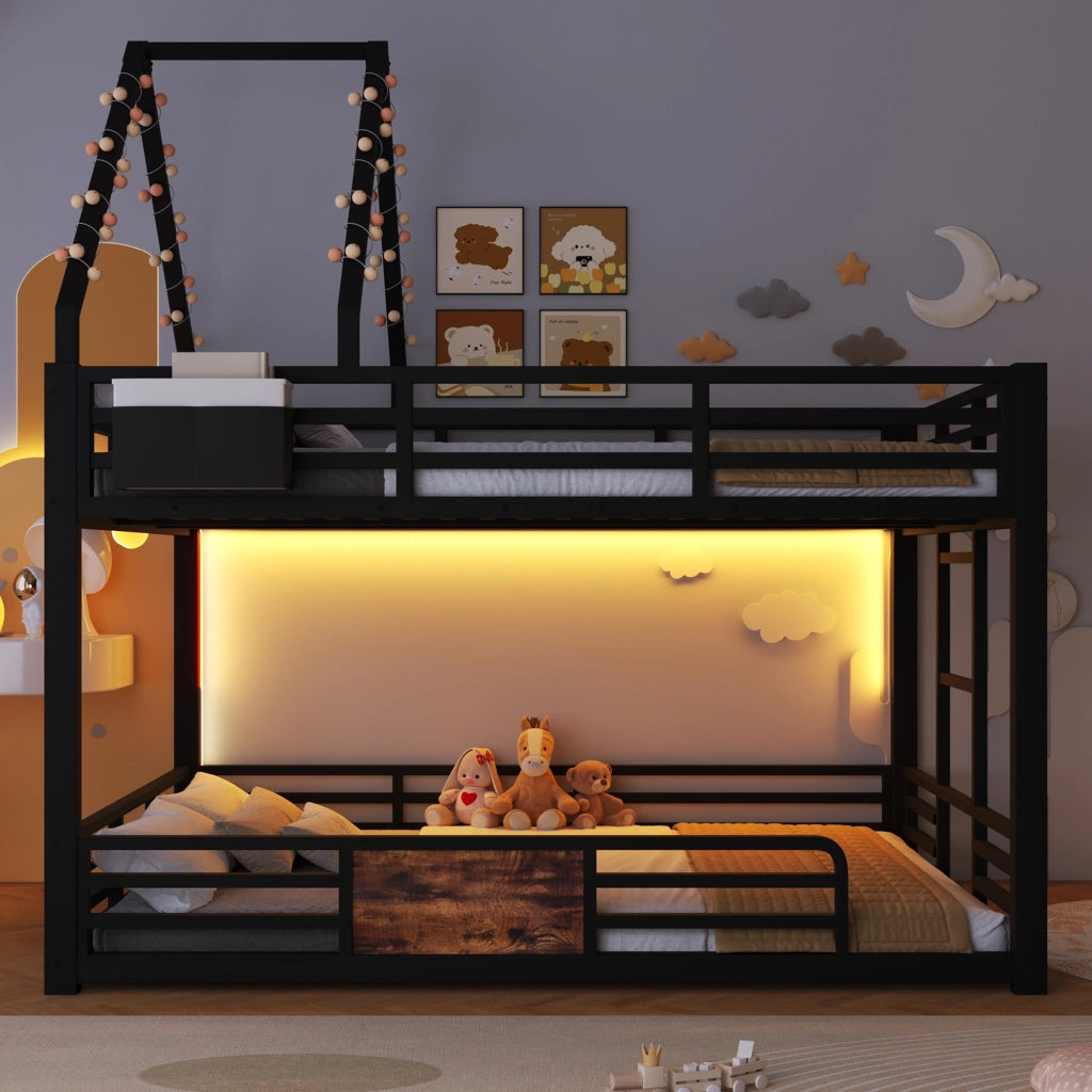 Letto a castello 140 × 200 cm con LED multicolore, tasche in tessuto e barriera, senza materasso, nero