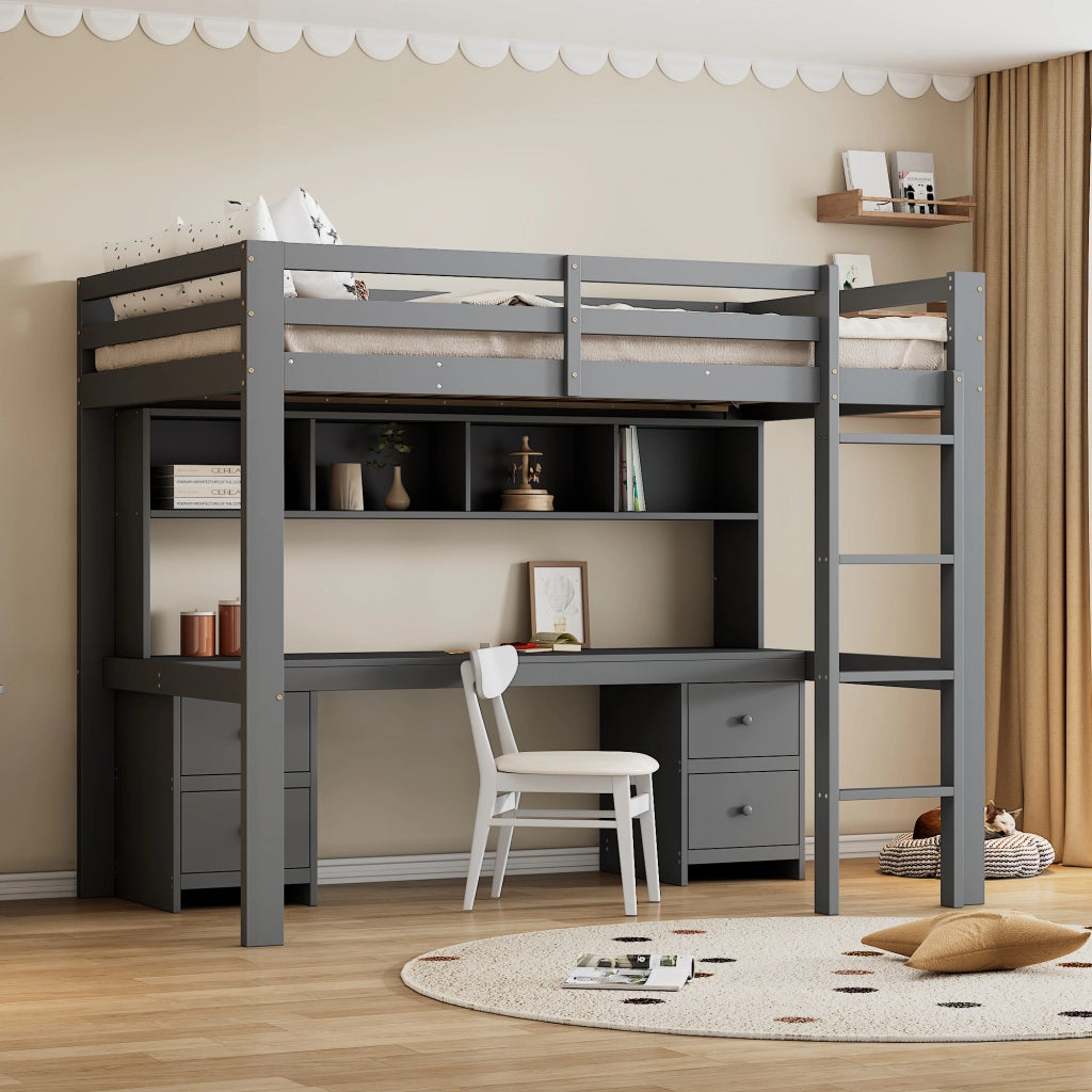 Letto a castello grigio in pino con scrivania sottostante e spazio di stoccaggio 90x200 cm