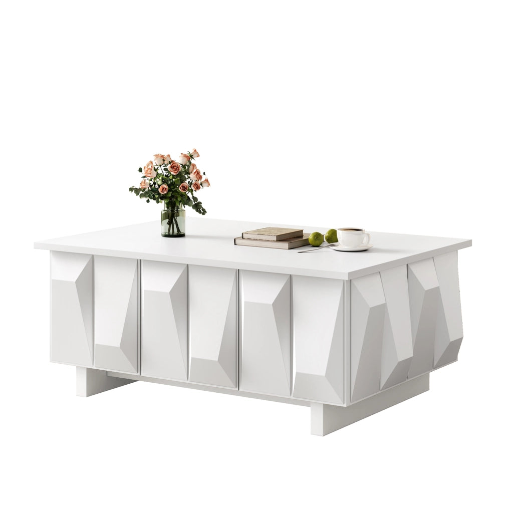 Tavolino da salotto moderno con spazio contenitore e frontali 3D; 95x67x39;5 cm; bianco