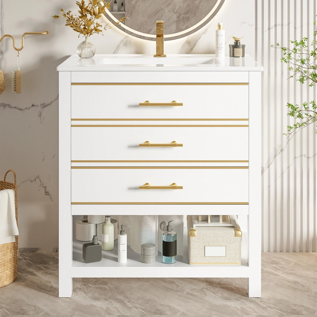 Mobiletto con lavabo da bagno a terra in MDF con lavabo in ceramica 2 cassetti vano aperto bianco e oro 76 cm