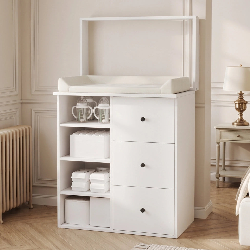 Fasciatoio 2 in 1 con sponda rimovibile; cassetti e vani laterali aperti; MDF bianco e maniglie nere