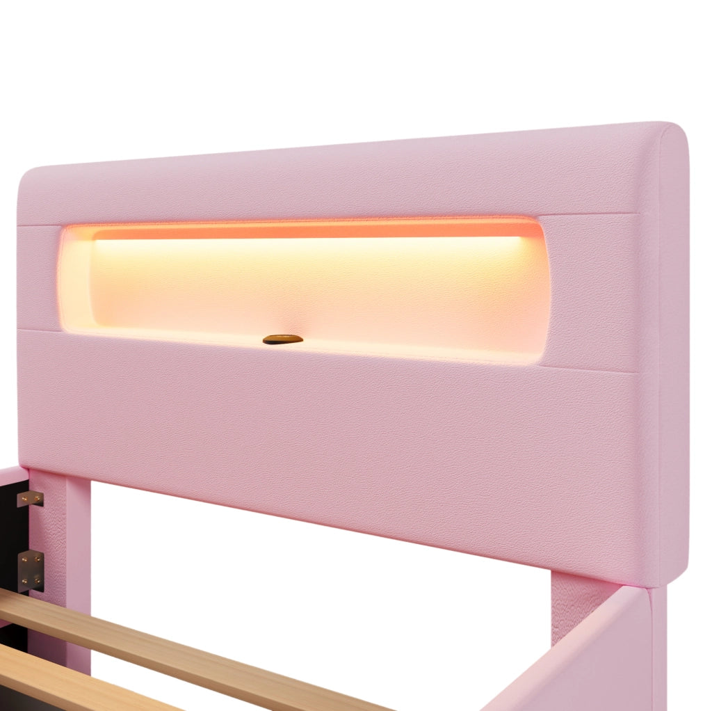 Letto imbottito 90x200 cm con cassetto estraibile e LED in PU e MDF rosa