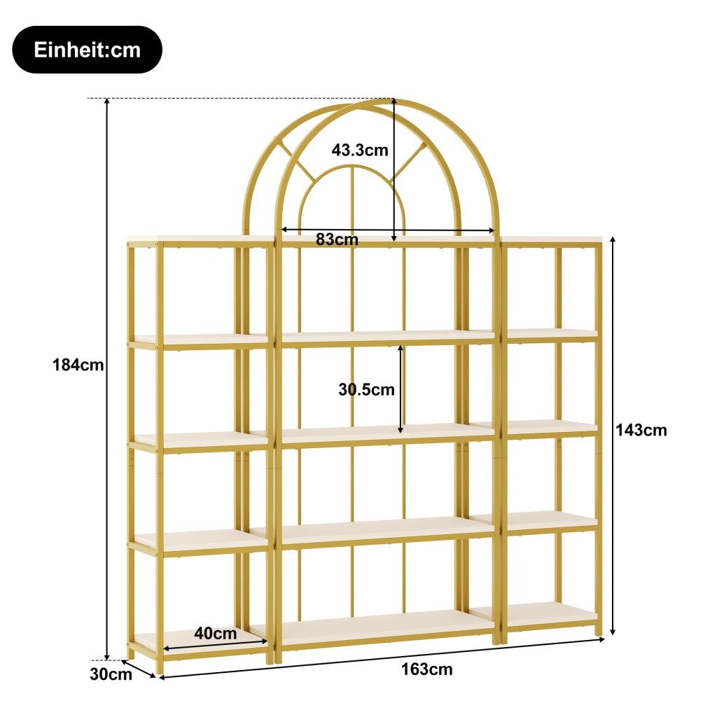 Libreria modulare a 3 elementi con ripiani in MDF e struttura in acciaio dorato, bianca, 163 × 30 × 184 cm