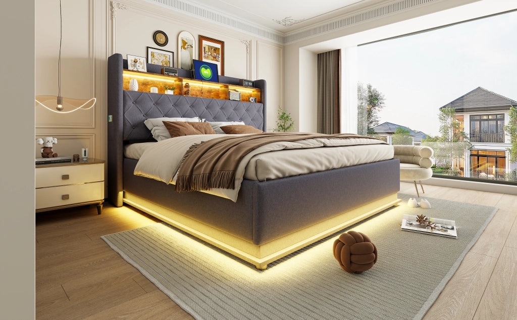 Letto imbottito LED 180 x 200 cm, letto contenitore imbottito con ricarica USB e contenitore idraulico, lino delicato sulla pelle - Grigio