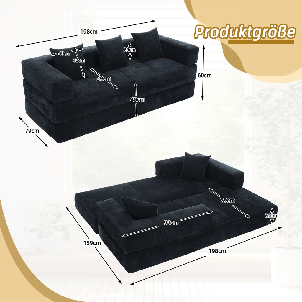 Divano modulare in chenille con tasche laterali e base antiscivolo - nero