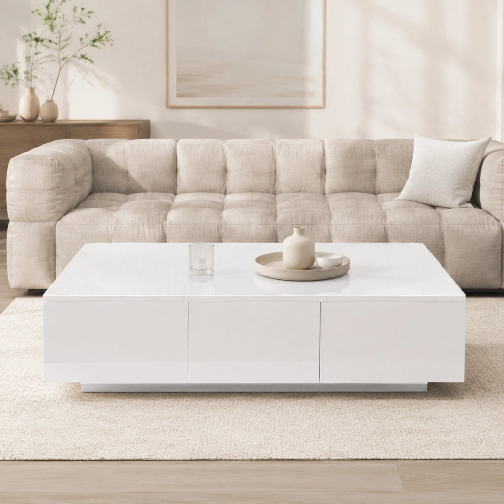 Tavolino da salotto con vani nascosti e cassetti; 100 x 50 x 31 cm; bianco lucido