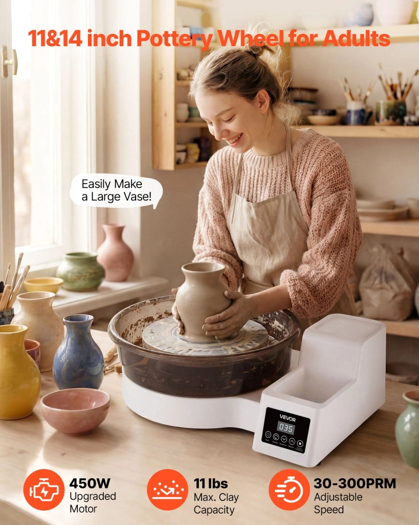 Tornio da Ceramica Elettrico 450W Bianco con Pedale e Piatti da 28 e 36 cm, Velocità Regolabile 30-300 Giri/min per Fai da Te Argilla Creta