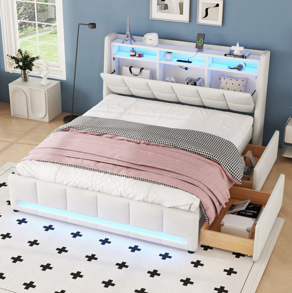 Letto imbottito 140x200 cm con cassetti, luce LED a controllo APP, tessuto lino beige, senza materasso