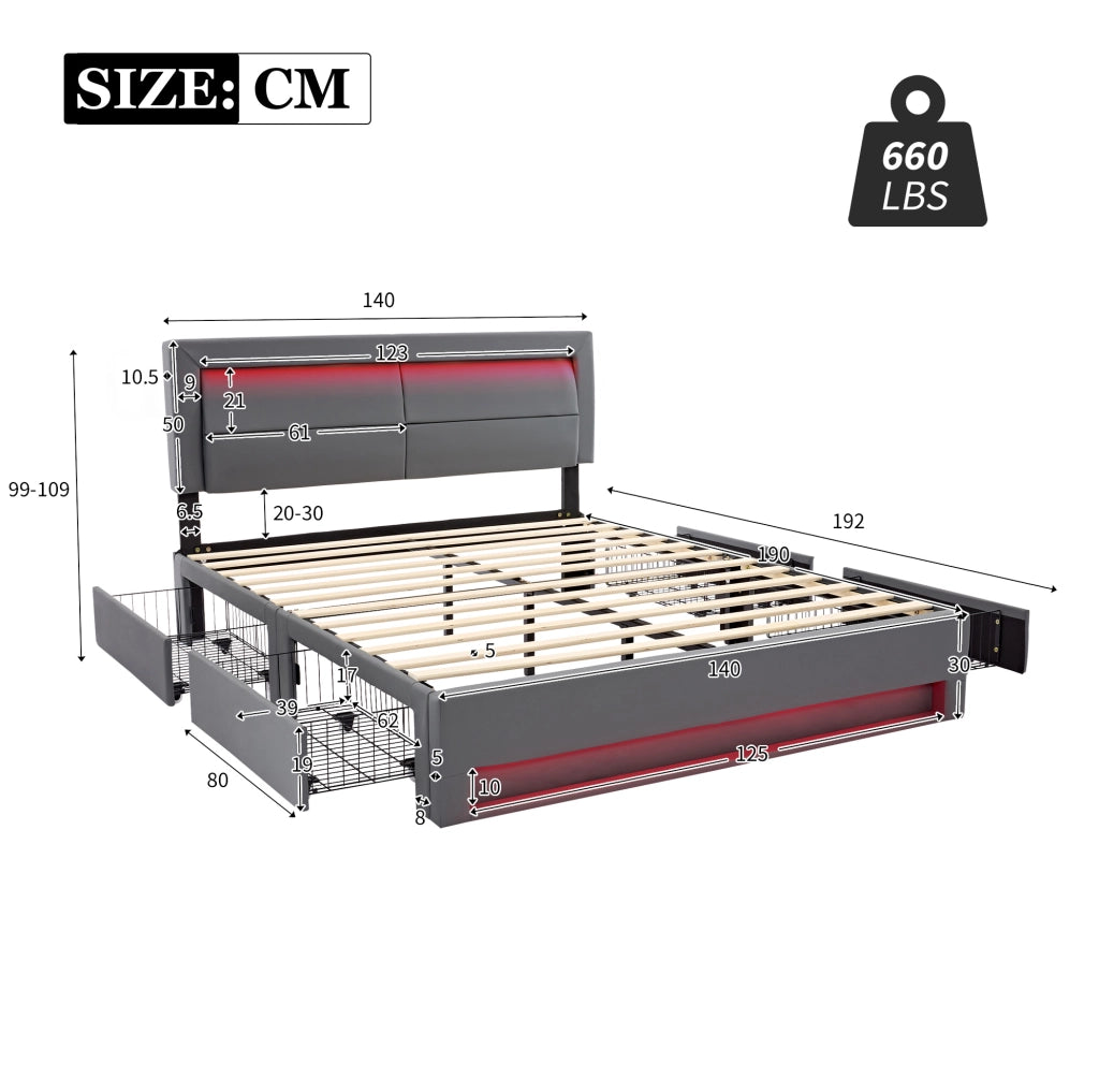 Letto imbottito 140x190 cm grigio con LED, USB e 4 cassetti