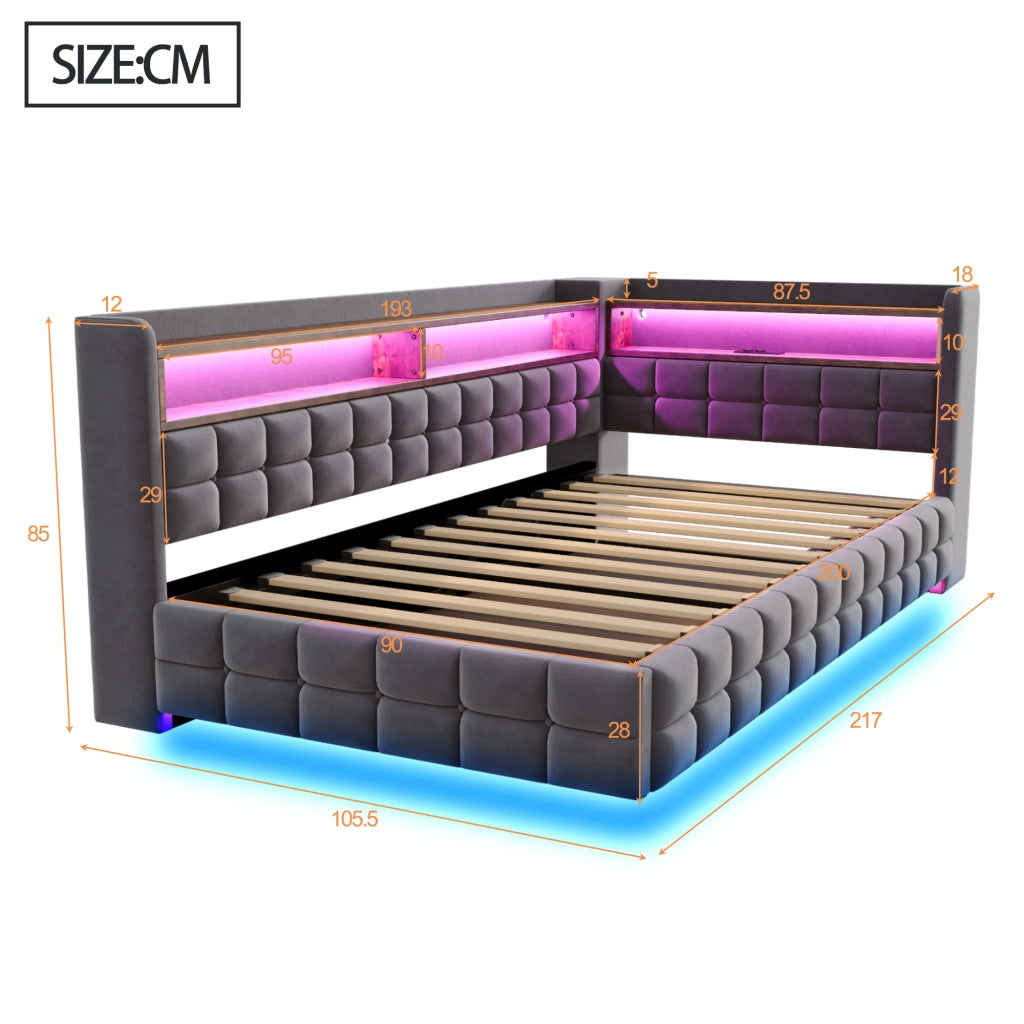Letto singolo imbottito 90 × 200 cm con contenitore idraulico ripiani in legno LED prese USB Type-C velluto grigio