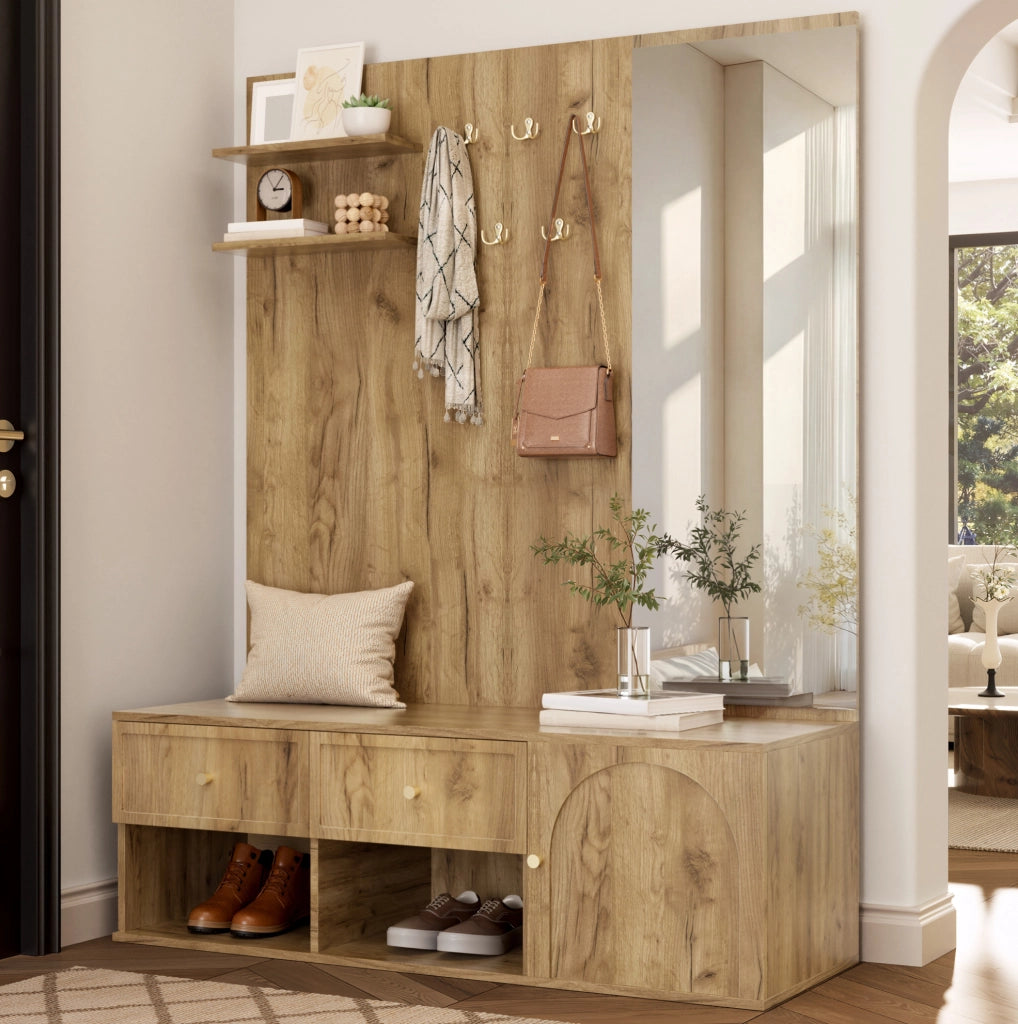 Set guardaroba da ingresso ULEVR 120x35x159 cm con specchio, 5 ganci, 2 cassetti e scarpiera effetto legno
