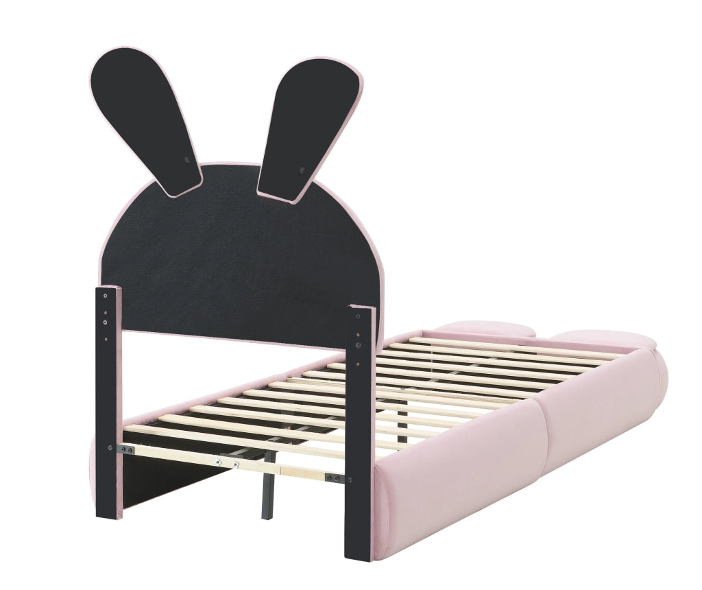 Letto singolo imbottito 90 × 200 cm in velluto rosa con orecchie da coniglio luce LED regolabile e due pouf contenitore