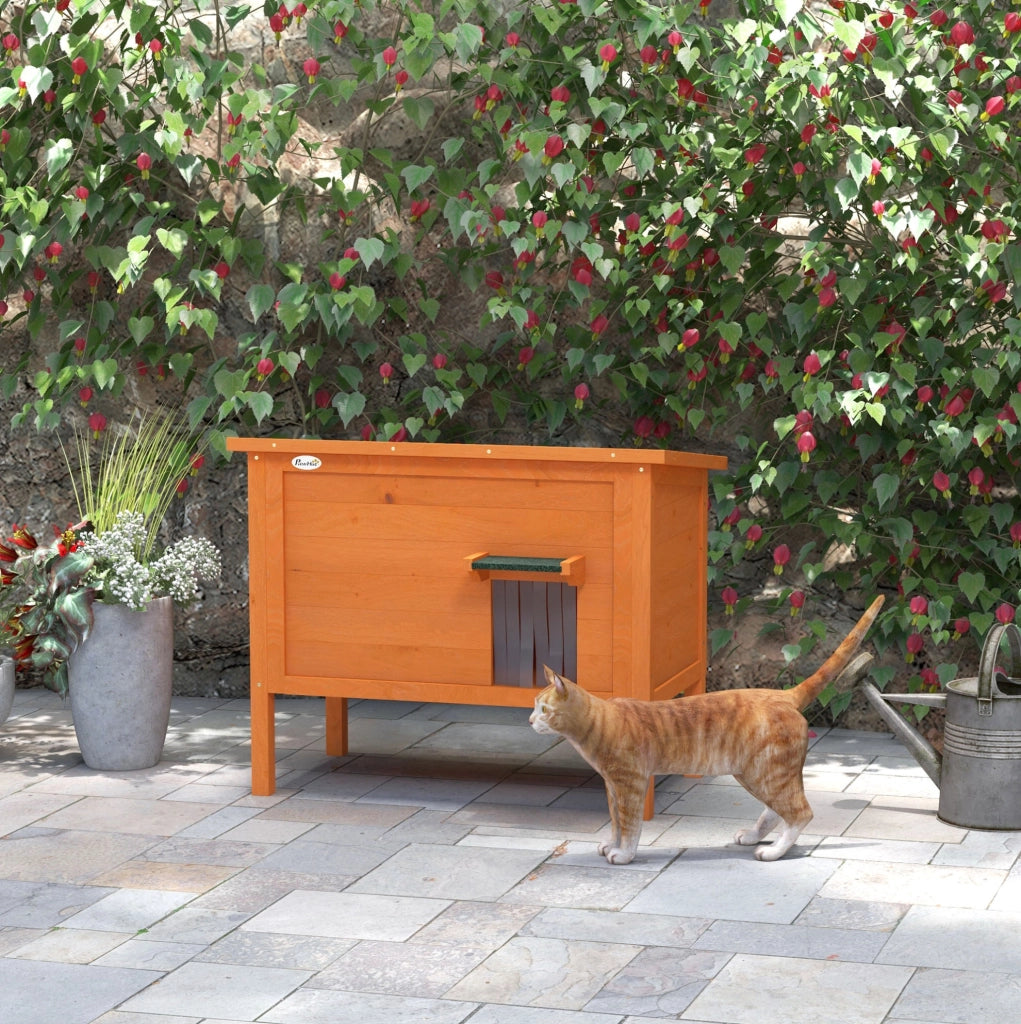 Casetta da esterno isolata per gatti in legno massello con tetto apribile; arancione