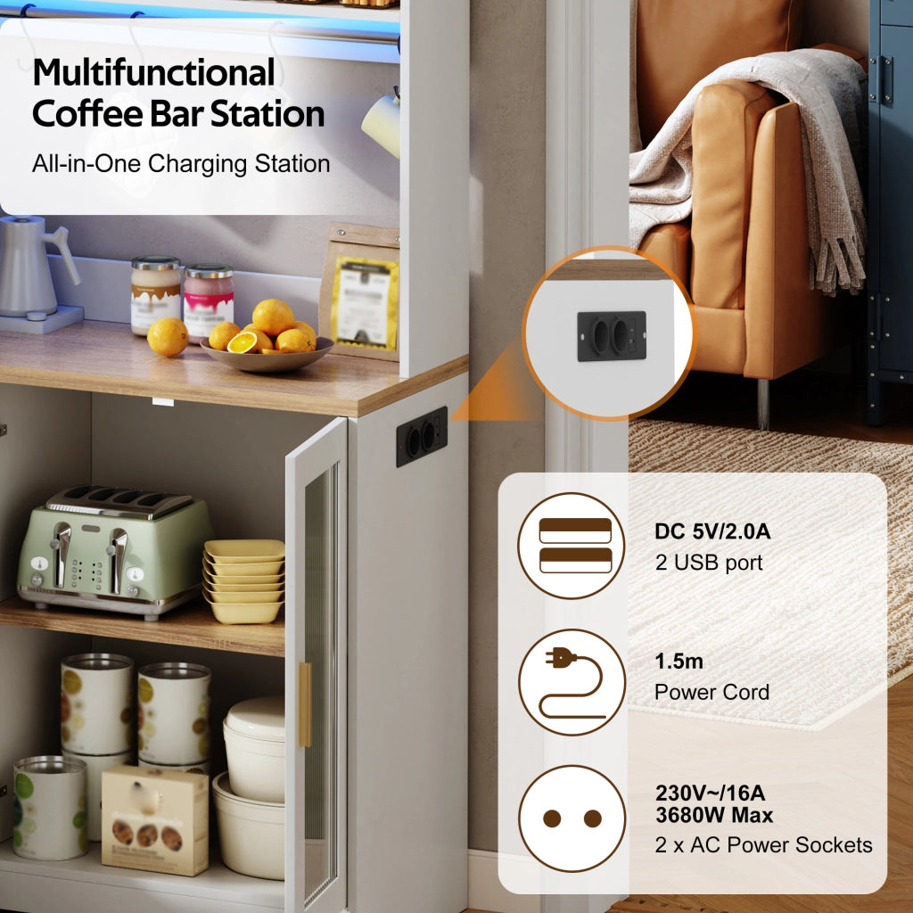 Colonna da cucina LED con 4 ante in vetro, ripiani regolabili e prese, MDF bianco e naturale, 110 × 40 × 178 cm