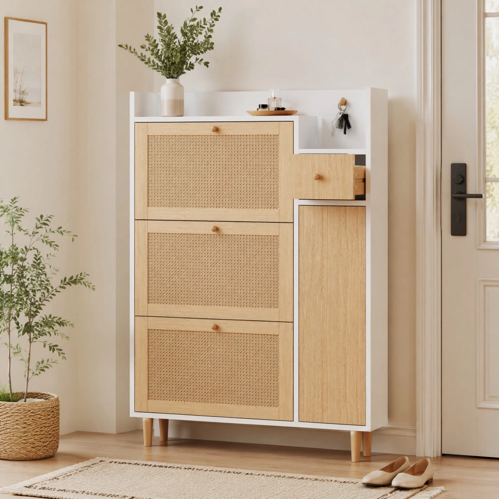 Scarpiera a ribalta con ripiani regolabili; 90 ¡Á 125 ¡Á 17 cm; MDF; naturale e bianco
