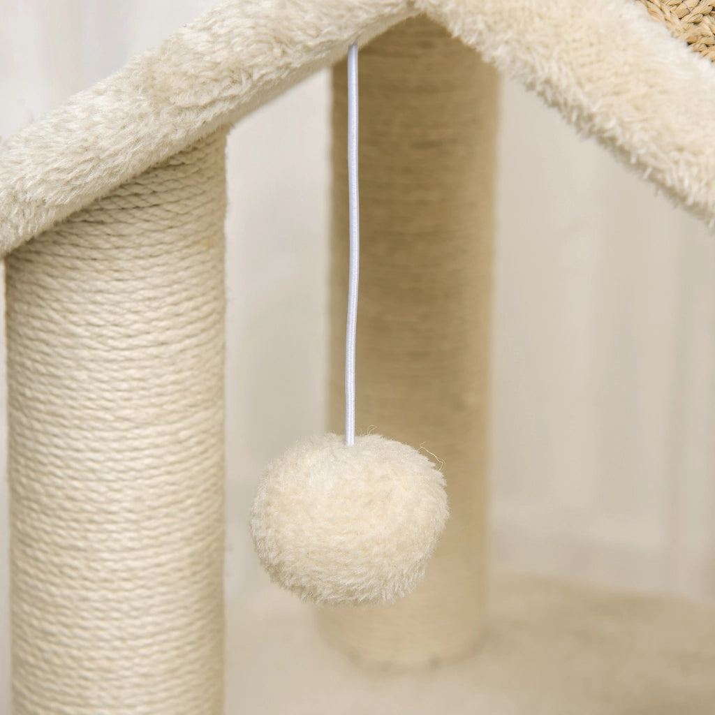 Tiragraffi con cuccia e colonne in sisal rivestito in peluche color khaki 69 × 40 × 131 cm per gatti fino a 5 kg