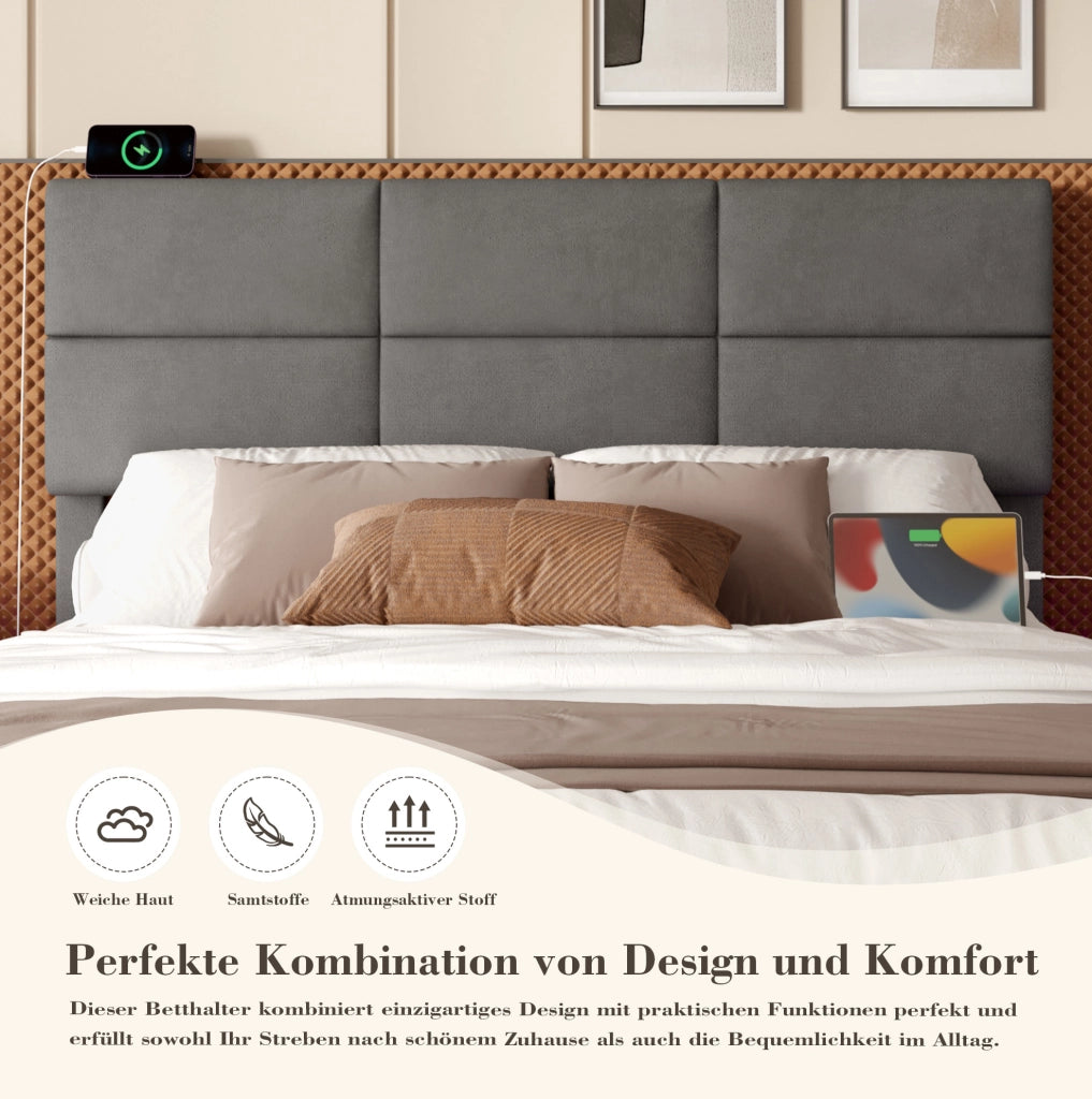 Letto contenitore 180x200 cm in velluto grigio con testiera regolabile; LED dimmerabile e USB