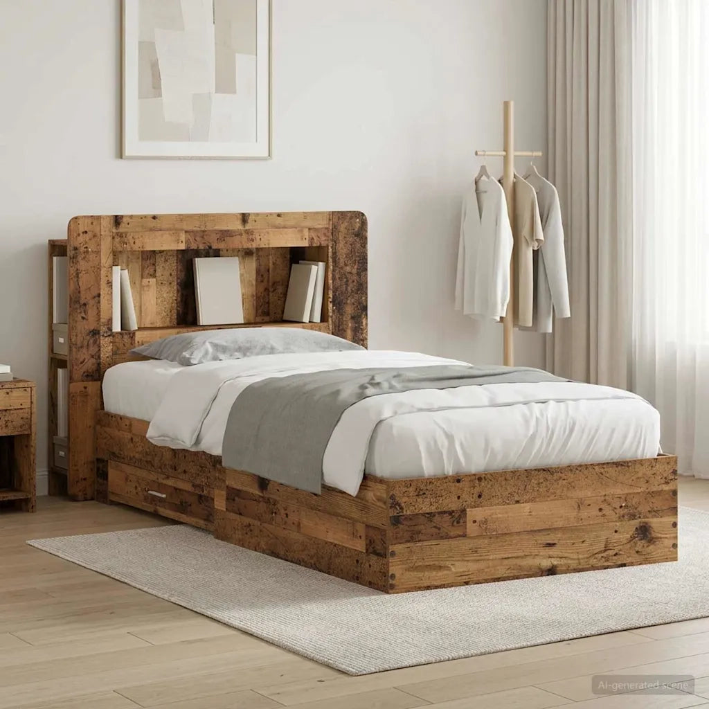 Letto singolo | Letto per adulti | Telaio del letto con storage Legno antico 90 x 190 cm