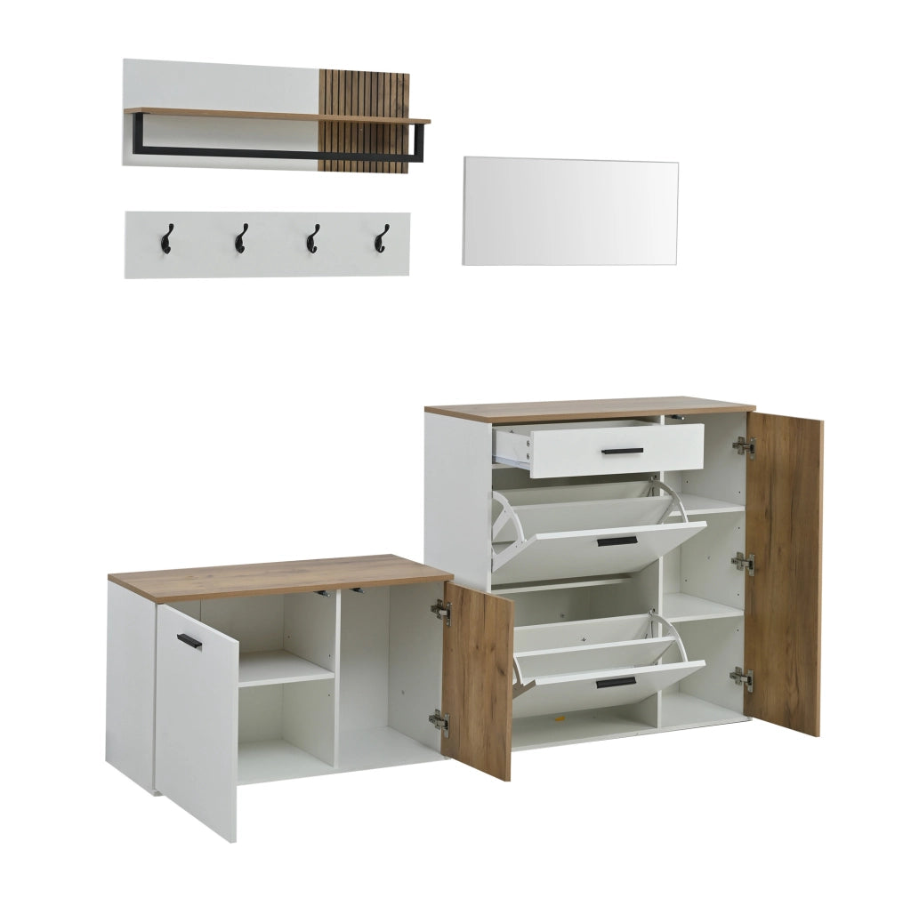 Set di mobili da ingresso 5 pezzi con scaffale porta scarpe, panca, specchio, pannello appendiabiti e ripiano, colore legno e bianco