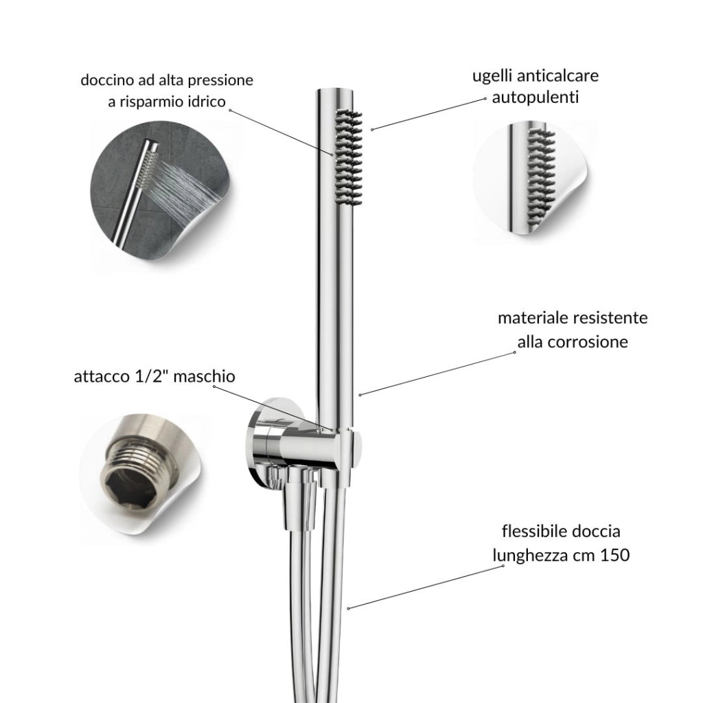 Kit doccia tondo completo di soffione doccetta e miscelatore con deviatore delfino