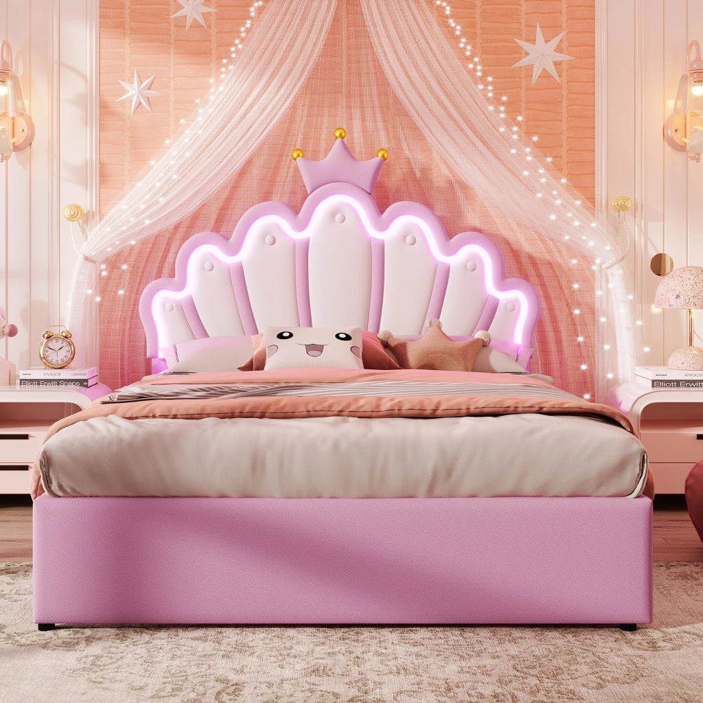 Letto imbottito a corona 140 x 200 cm con 2 cassetti; testiera regolabile; PU rosa