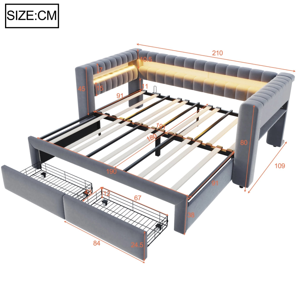 LETTO DIVANO Estraibile 90x190/180x190 cm Velluto Grigio con LED, USB e Type-C