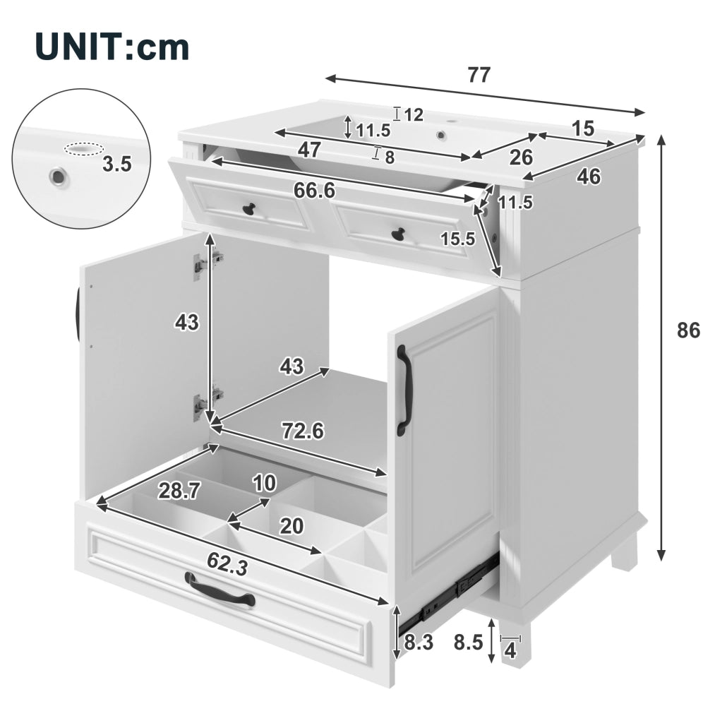 Mobile lavabo 77x46x86 cm in MDF e ceramica bianco con contenitore