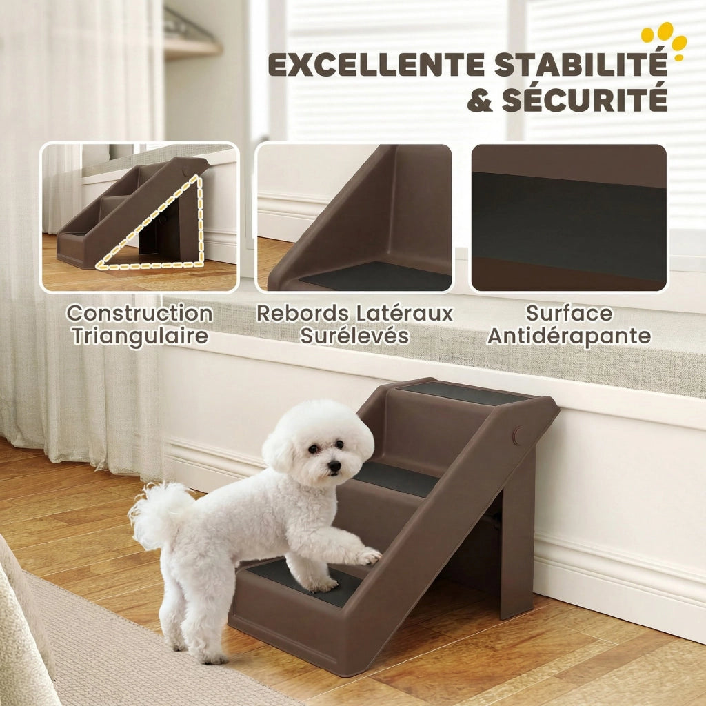 Scaletta per Cani e Animali Pieghevole a 3 Gradini Antiscivolo in Plastica Marrone per Casa e Divano 53 x 30,5 x 36,5 cm