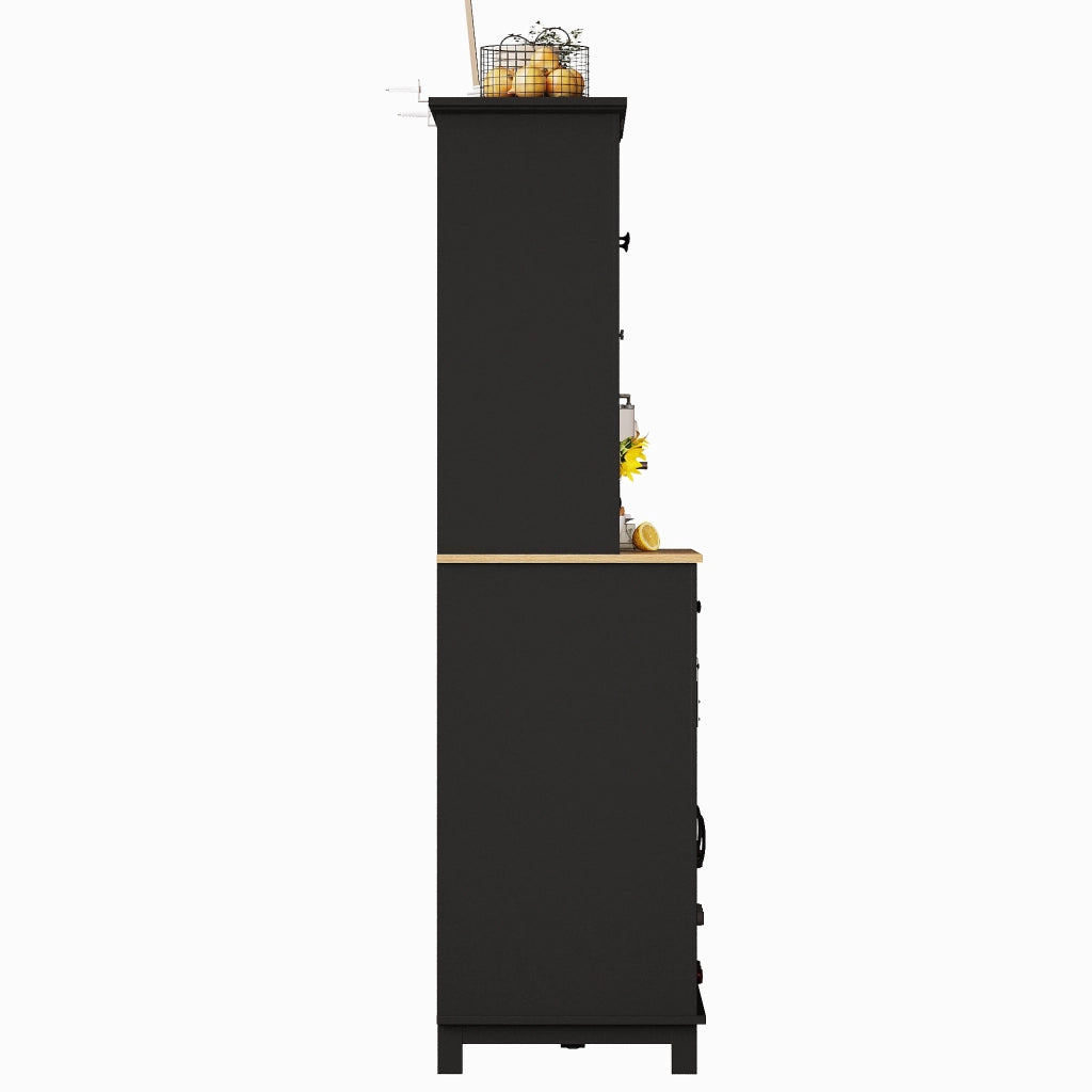 Credenza alta vetrina da cucina LED con 3 ripiani regolabili e portabottiglie, in MDF nero, 105 × 38.4 × 180 cm