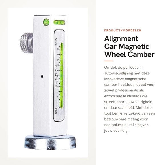 Strumento di allineamento ruote - Magnetico - Adattabile - In acciaio - Livellamento - Alta sicurezza - Facile da usare 

Livellamento: ± 0° - ± 5° - ± 10° - ± 15° - ± 20°
Materiali: Acciaio
Dimensioni: 22 x 12 x 4 cm
Peso: 0,5 kg