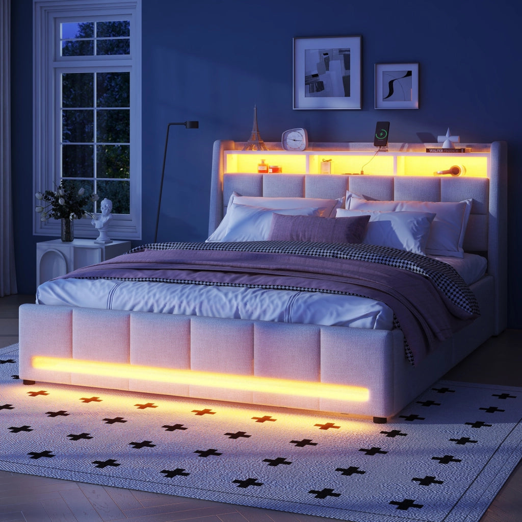 Letto imbottito 140x200 cm con cassetti, luce LED a controllo APP, tessuto lino beige, senza materasso