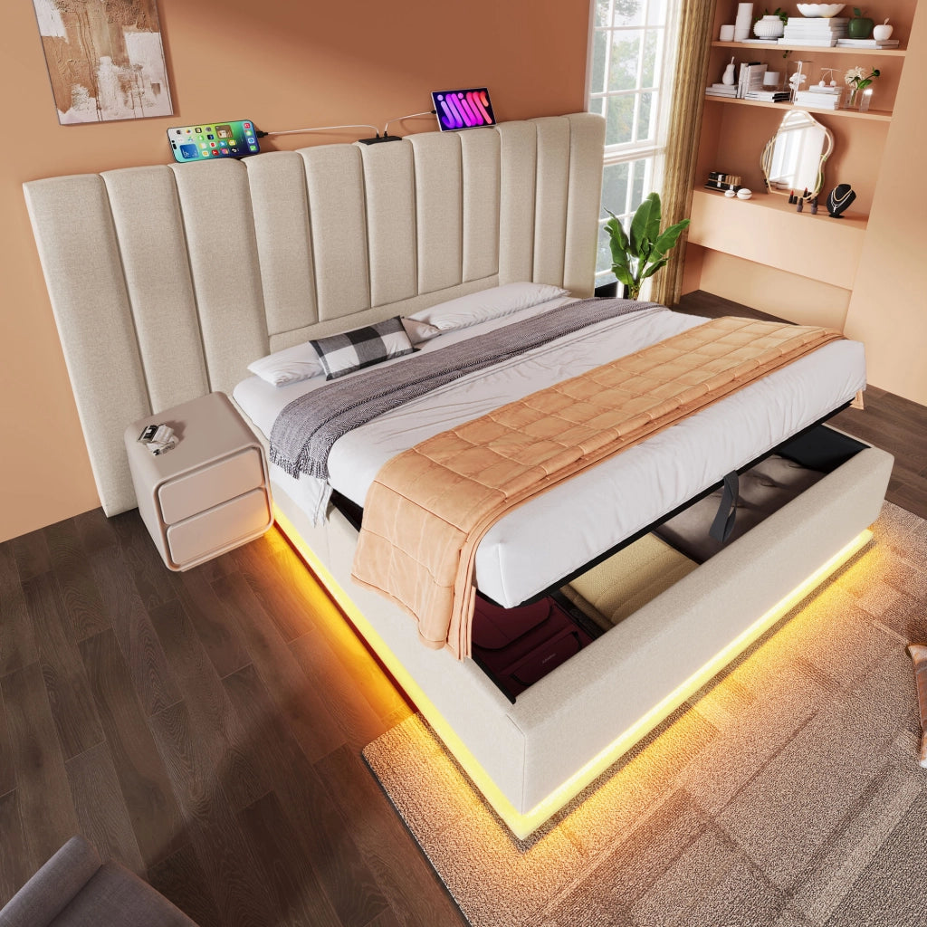 Letto matrimoniale contenitore 180x200 con LED e ricarica USB-C; letto imbottito in lino beige