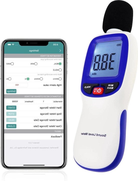 Decibelmisuratore Bluetooth Portatile Range 30-130dBA Massimo Minimo Dati Salvati Illuminazione a Sfondo Schermo LCD Uso Casa Scuola Ambiente di Lavoro