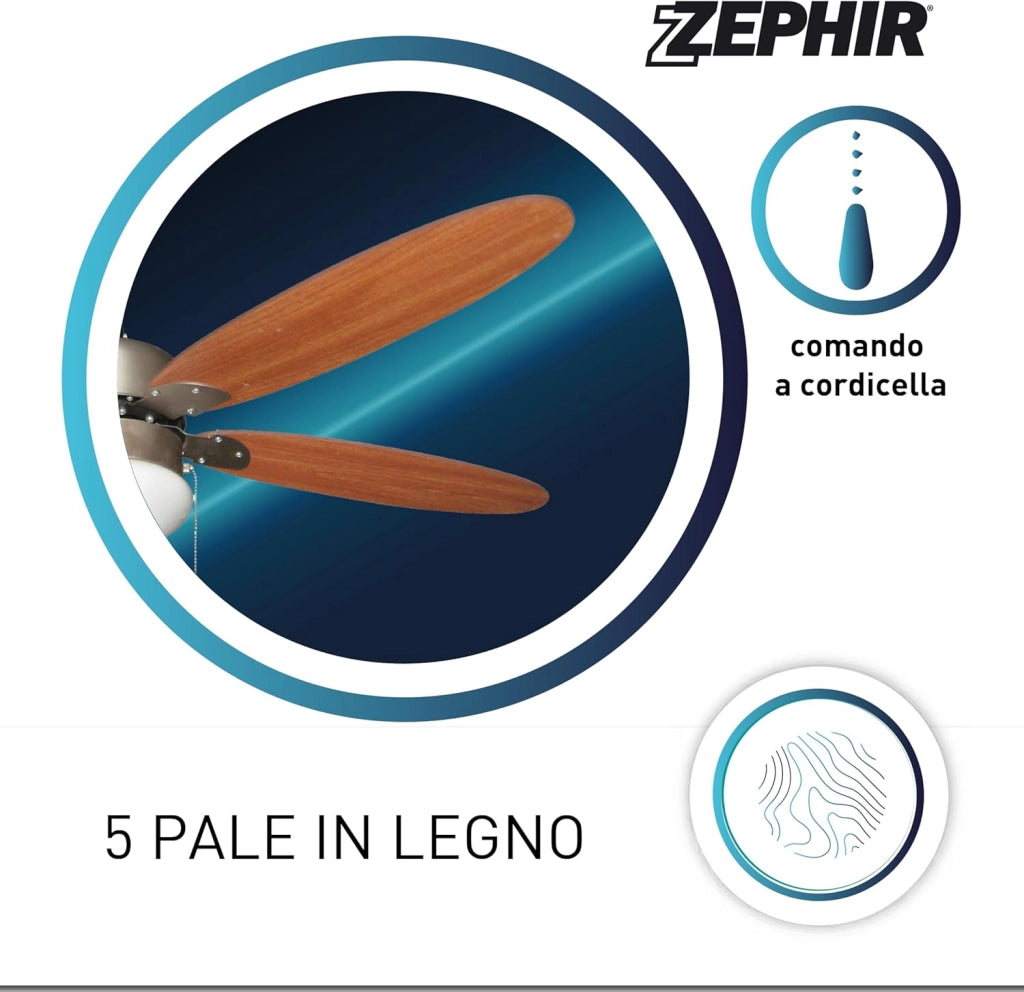 ZEPHIR ZFS9110M Ventilatore da Soffitto 130 cm con Luce E27, 5 Pale in Legno Marrone, Reversibile Estate/Inverno, 3 Velocità, Paralume in Vetro, Comando a Cordicella, 70W, Struttura in Metallo