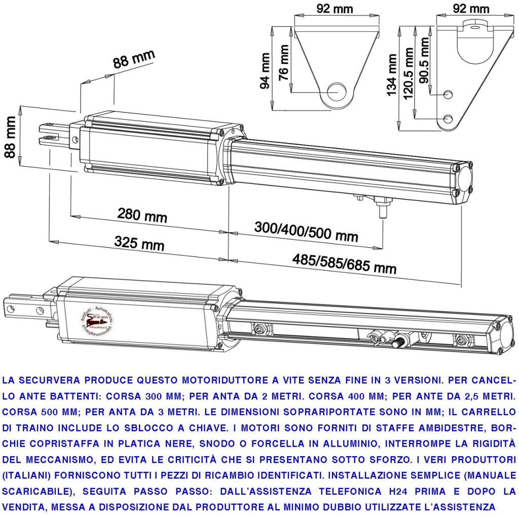 Cancello Automatico Anta 3 Metri Motoriduttore Elettromeccanico 24 Vcc Corsa 500 mm Sblocco a Chiave Ricambio Originale Securvera Finecorsa Meccanici Kit Staffe Bulloni Misure 810X88X88 mm Compatibile Elettronica BTF Came Proteco VDS Titan