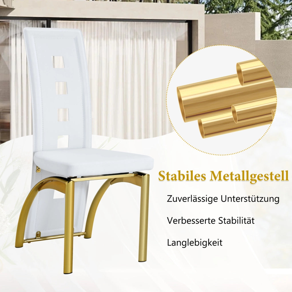 Set 2 sedie da pranzo in PU bianco opaco con schienale traforato e gambe in metallo oro