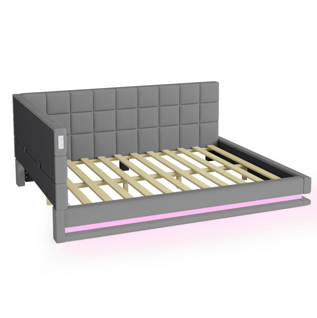 Divano letto imbottito 160x200 con LED, USB e rete a doghe