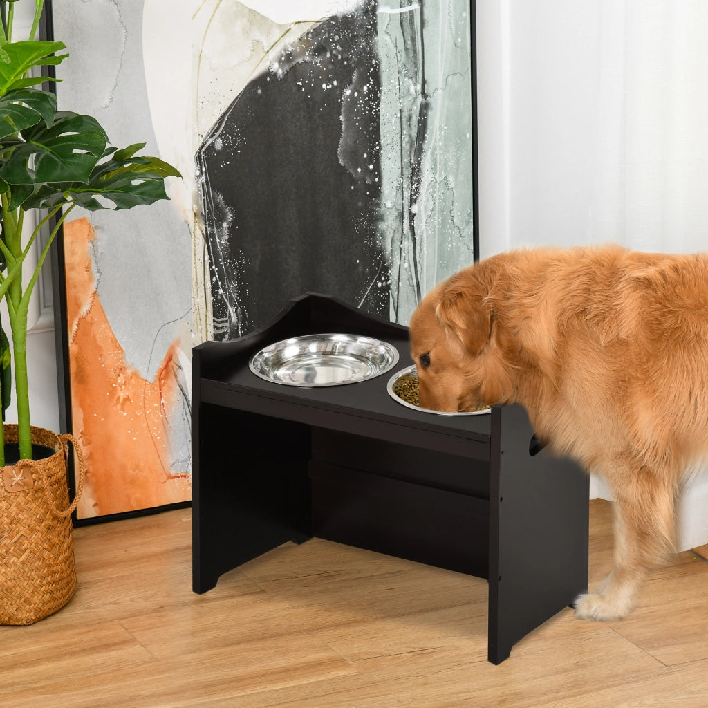 Stazione di alimentazione per cani e gatti con ciotola regolabile in altezza, in acciaio inox, MDF, marrone scuro, 54x31,5x47 cm.
