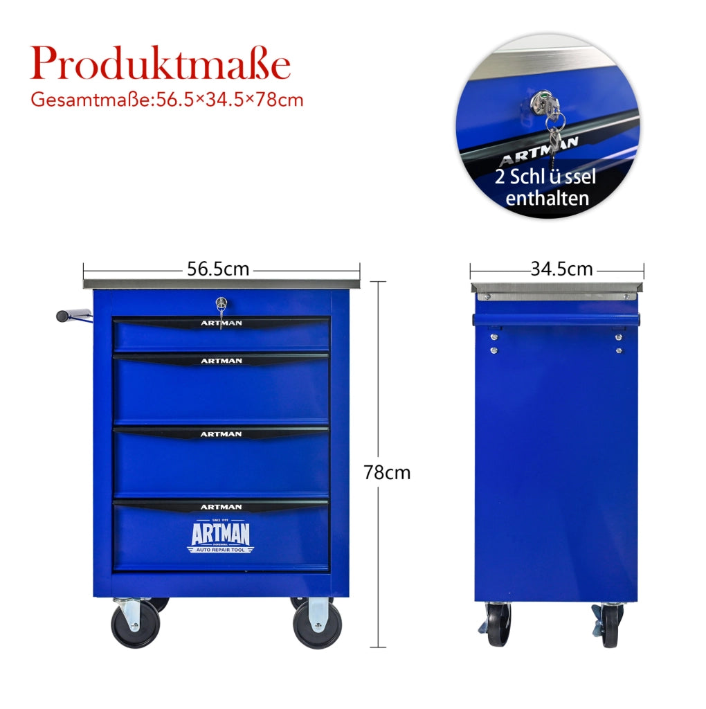 Carrello officina multifunzionale a 4 cassetti con ruote, struttura in acciaio verniciato, con piano in acciaio inox, nero e blu, 62,5x34,5x78 cm